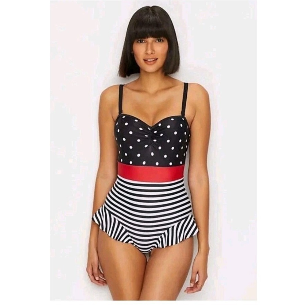 ModCloth BLACK POLKA DOT Katie Polka-Dot Bandeau One-Piece Swimsuit, US XL - Picture 11 of 12